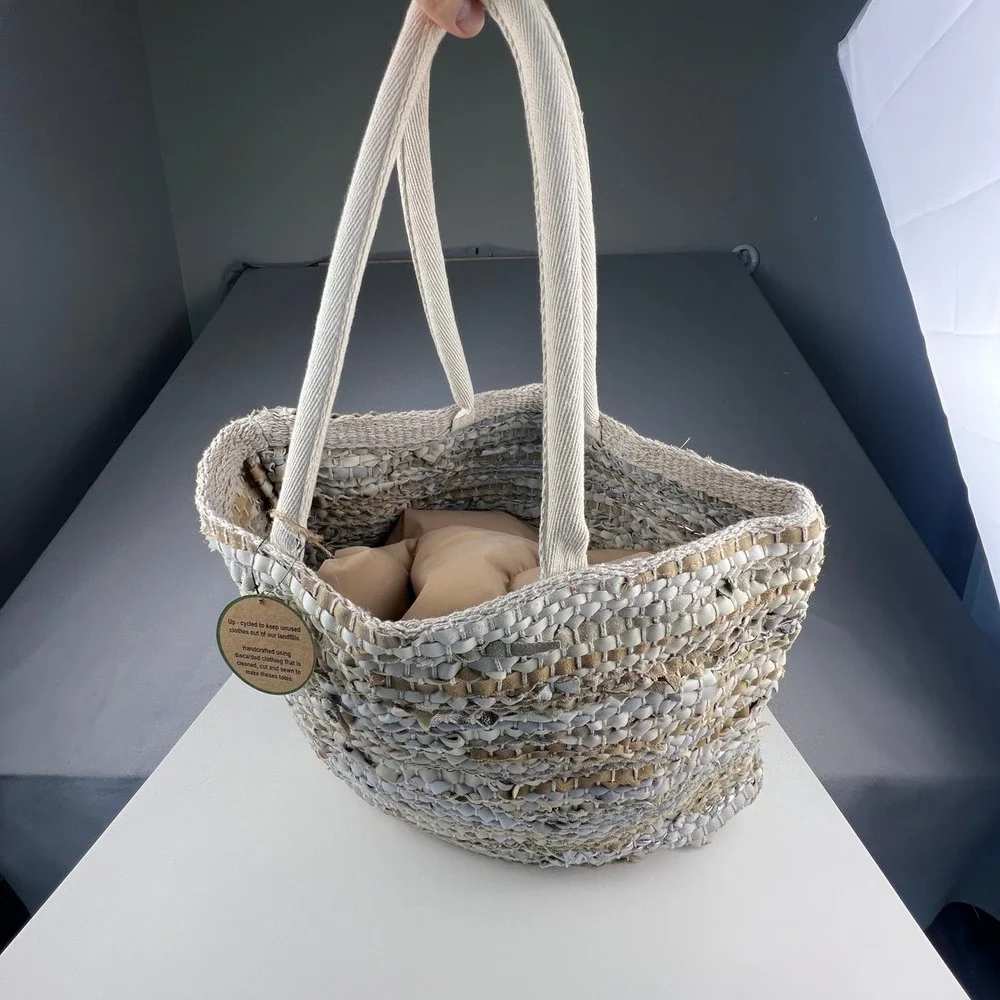 Handcrafted Upcycled Woven Tote Bag Large Neutral Boho Eco-Friendly Beach Travel